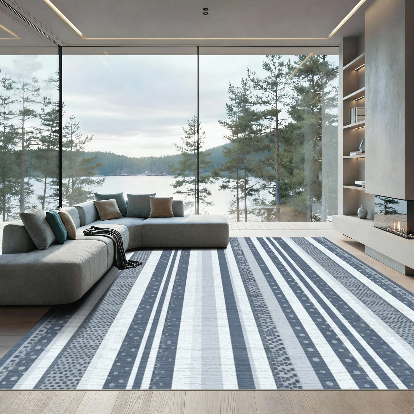 Serene Blue Striped Collage Rug