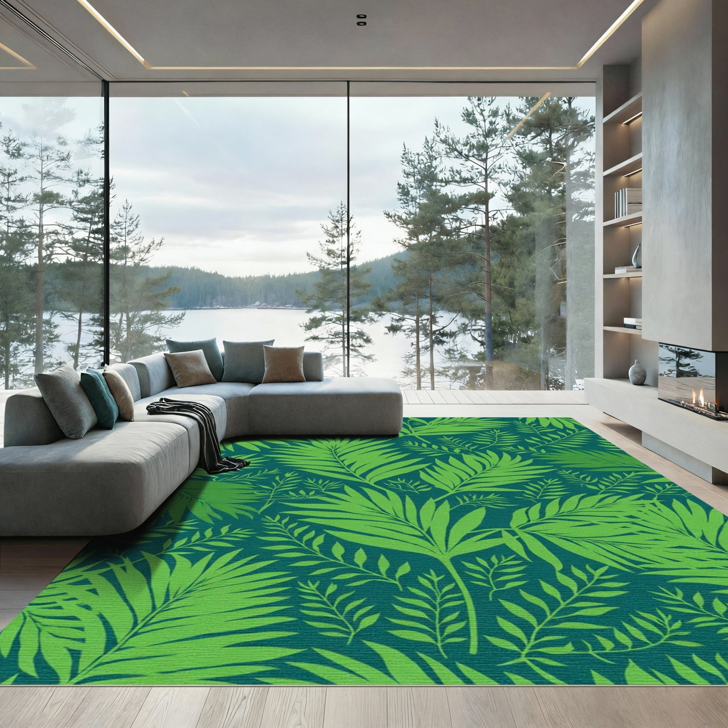 Emerald Green Palm Leaf Pattern Rug