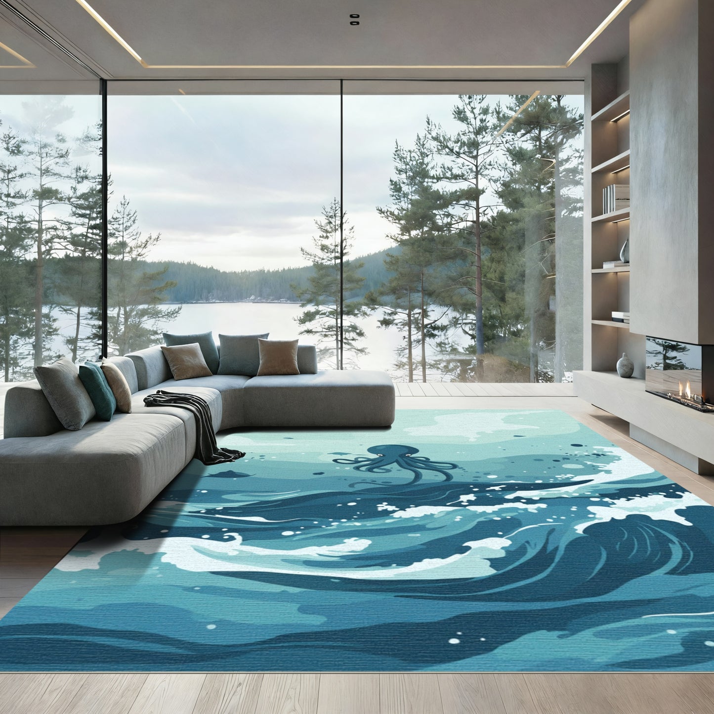 Deep Blue Sea Octopus Waves Rug