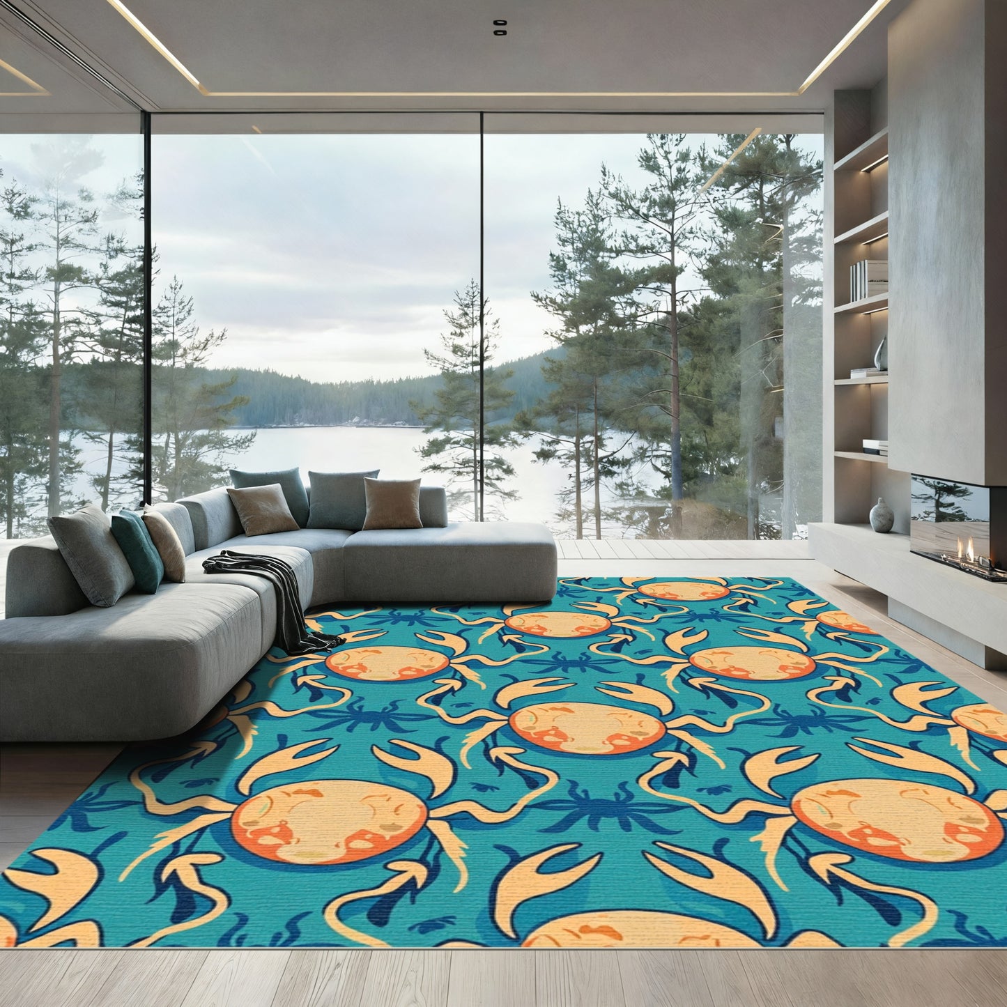 Yellow Orange Crab Teal Ocean Rug