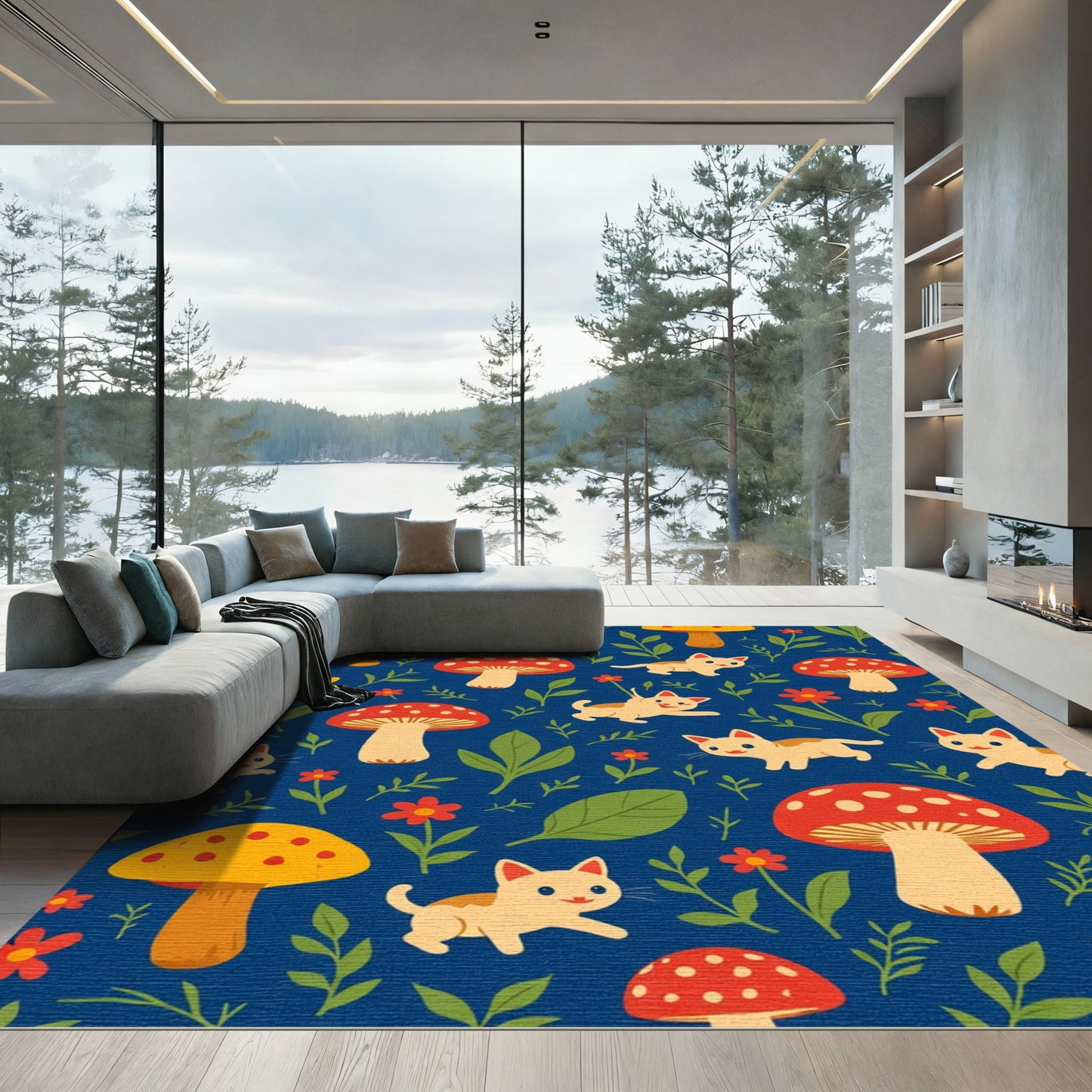 Whimsical Kittens And Mushrooms Meadow Rug