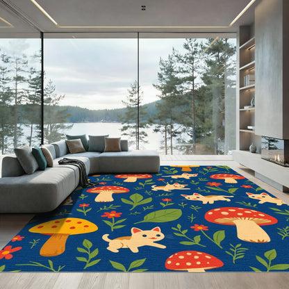 Whimsical Kittens And Mushrooms Meadow Rug