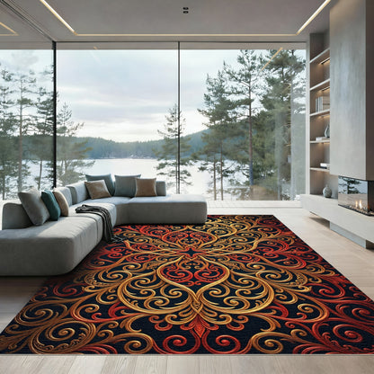 Regal Red Gold Scrollwork Medallion Rug