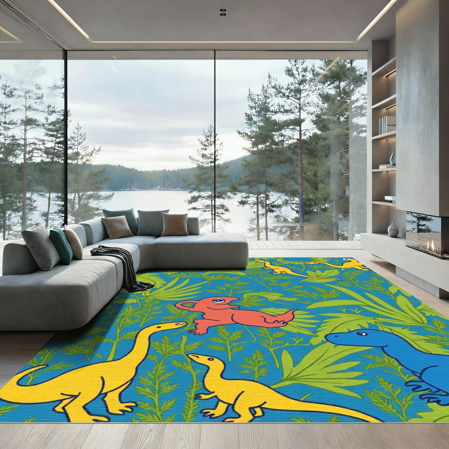 Colorful Dinosaur Jungle Foliage Rug