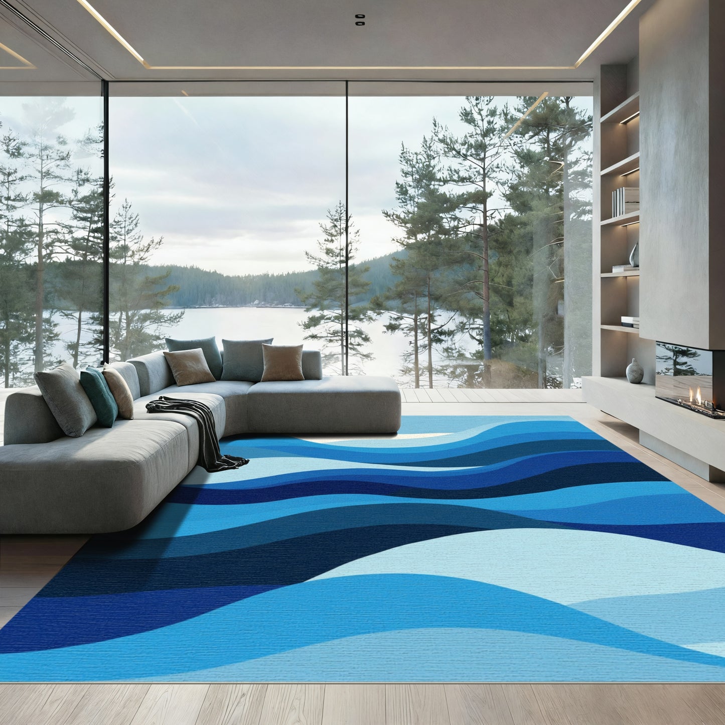 Oceanic Blue Wave Layered Rug