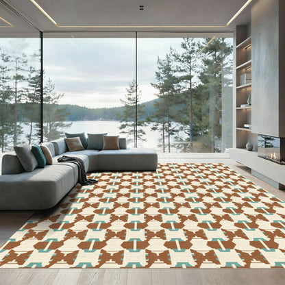 Retro Brown Teal Geometric Interlace Rug