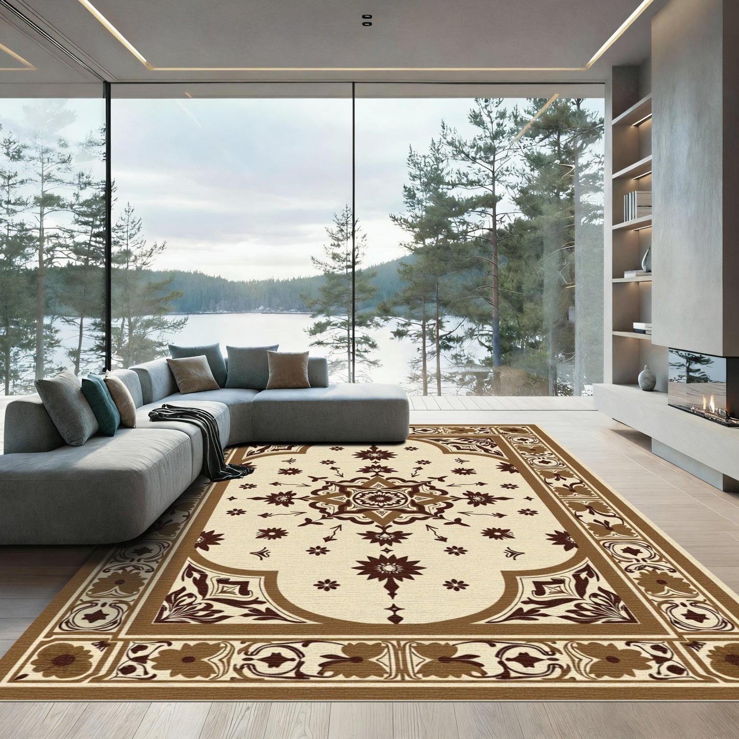 Brown Cream Floral Medallion Border Rug