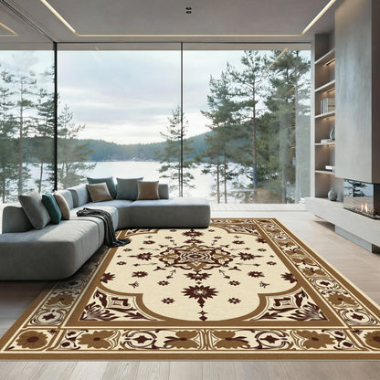 Brown Cream Floral Medallion Border Rug
