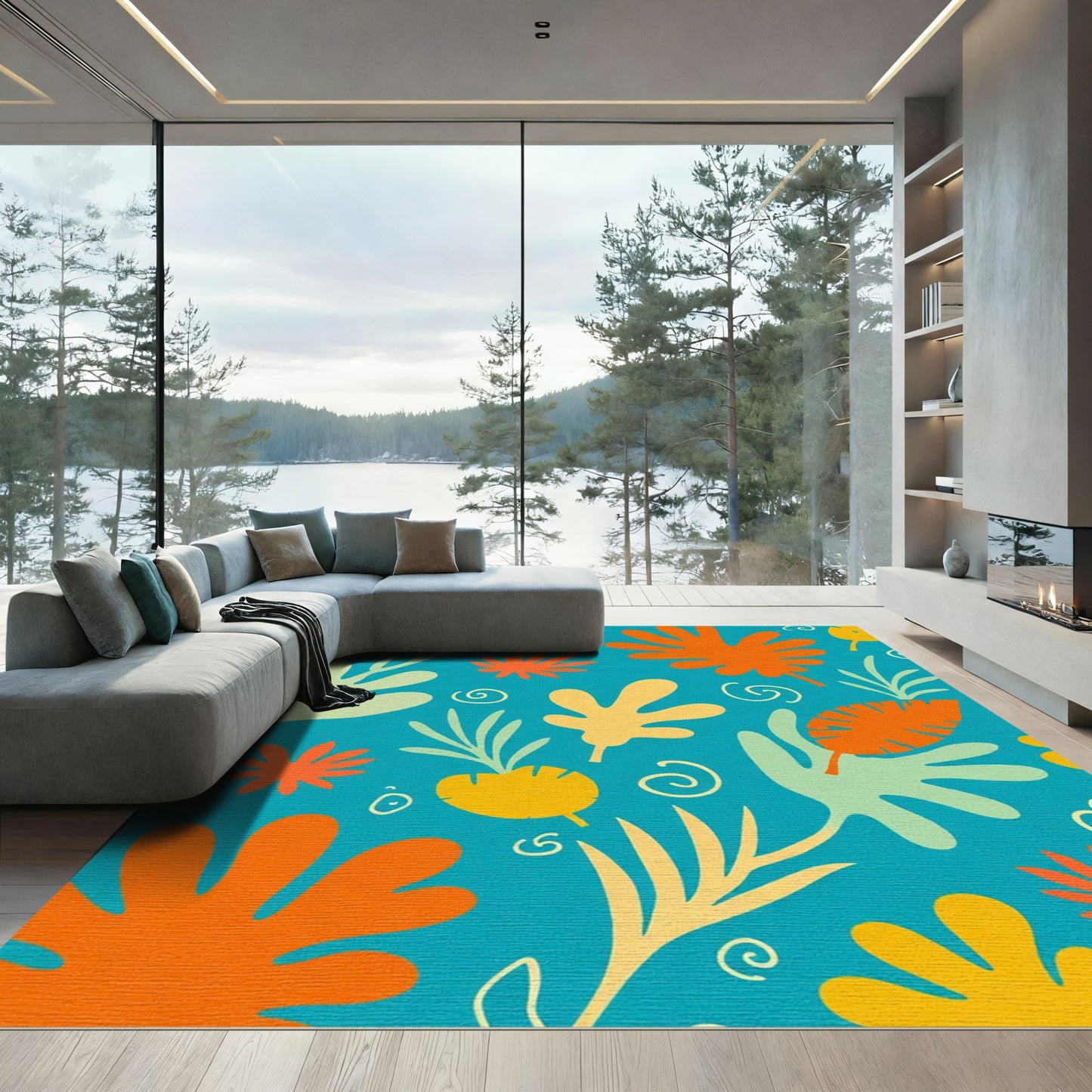 Vibrant Aqua Tropical Leaf Swirl Rug