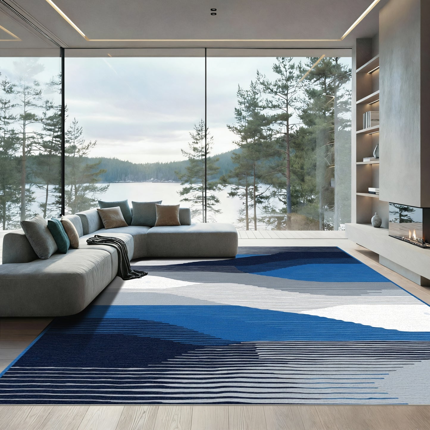 Abstract Blue Gray White Layered Waves Rug