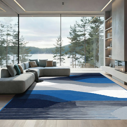 Abstract Blue Gray White Layered Waves Rug