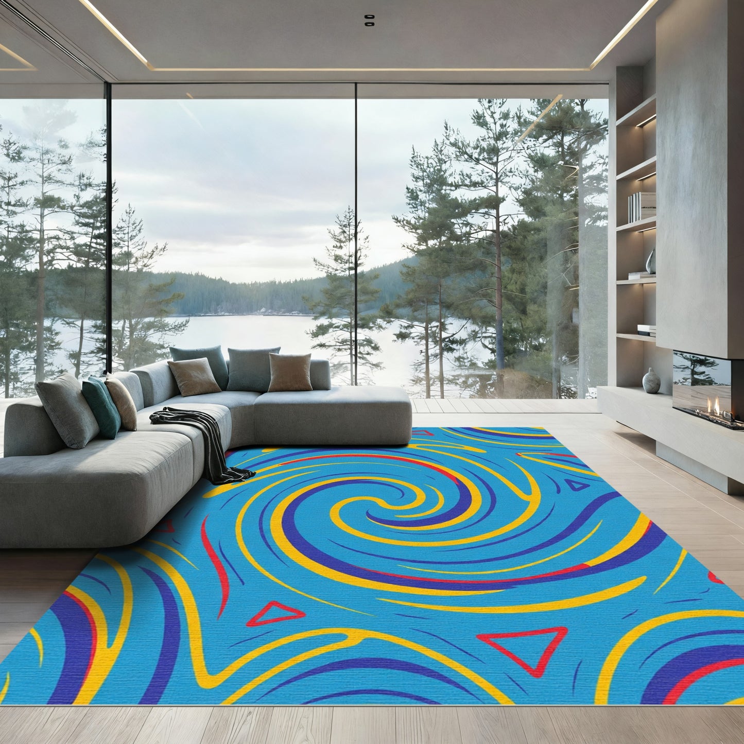 Vibrant Blue Yellow Swirl Triangles Rug