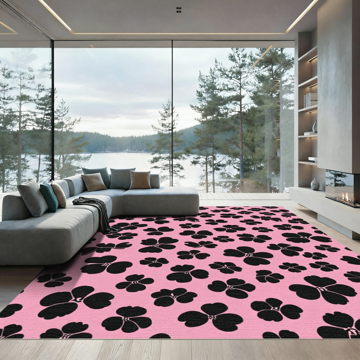Black Floral Scatter Pink Background Rug