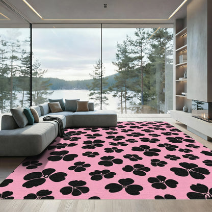 Black Floral Scatter Pink Background Rug