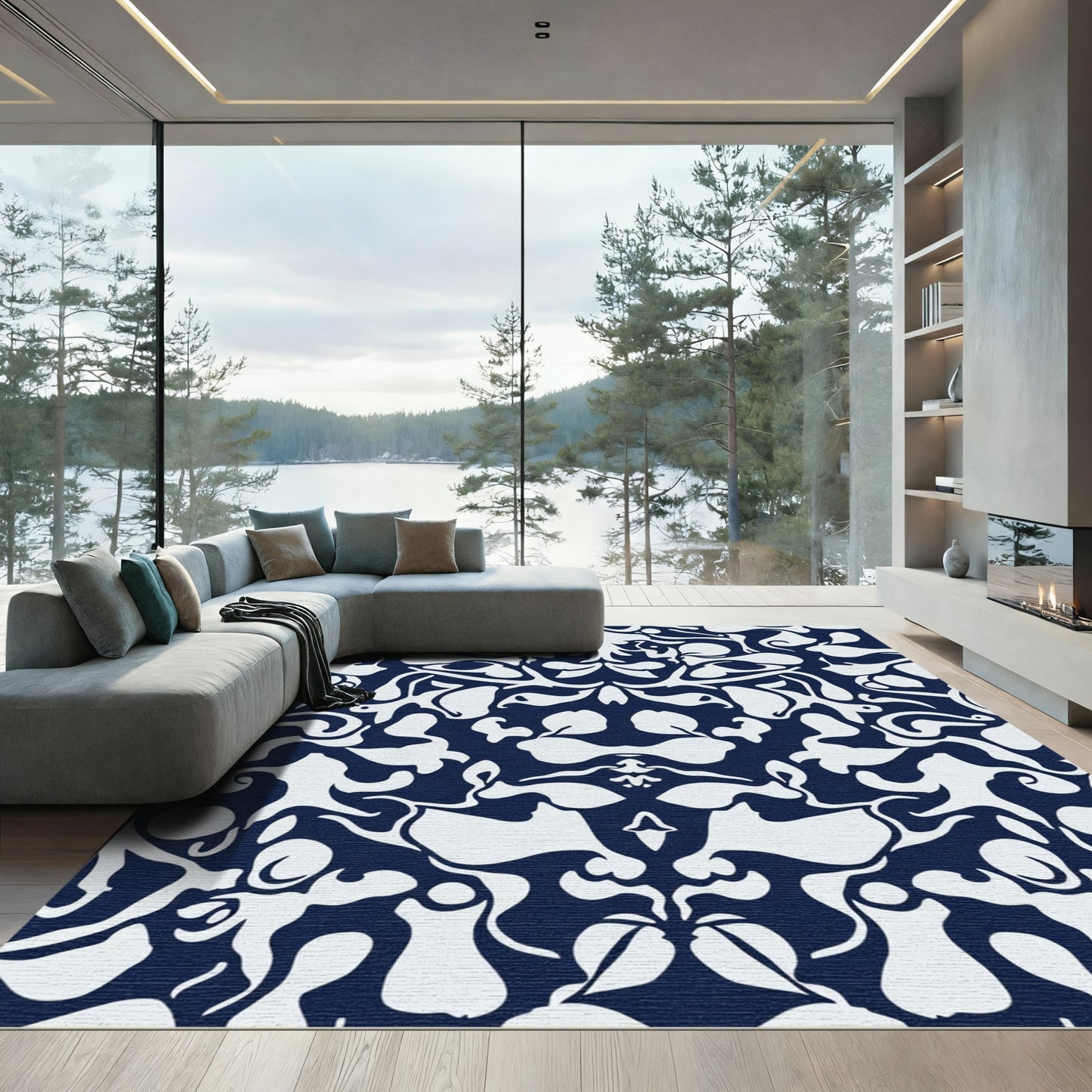 Midnight Blue Abstract Organic Flow Rug