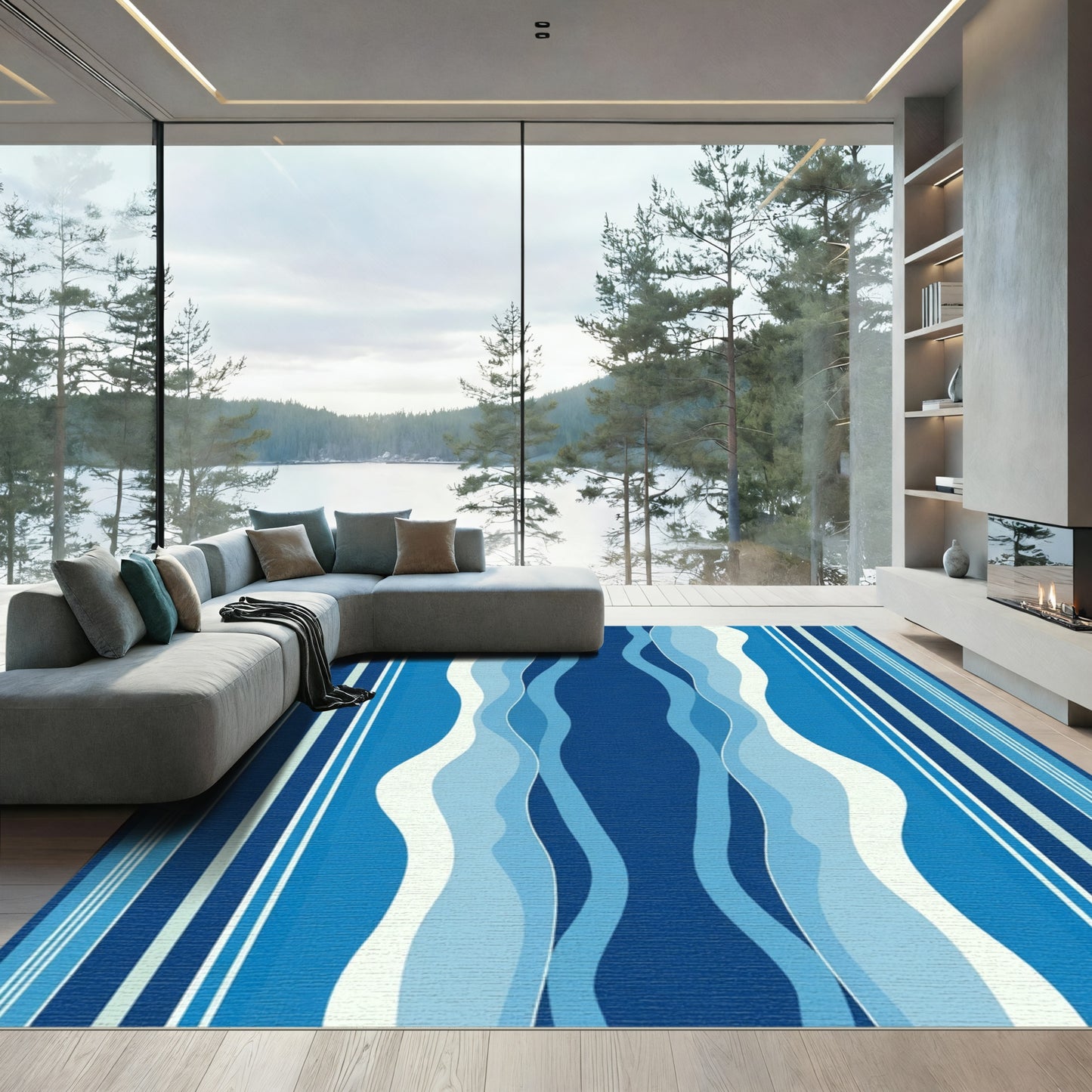 Deep Blue Wave Striped Rug