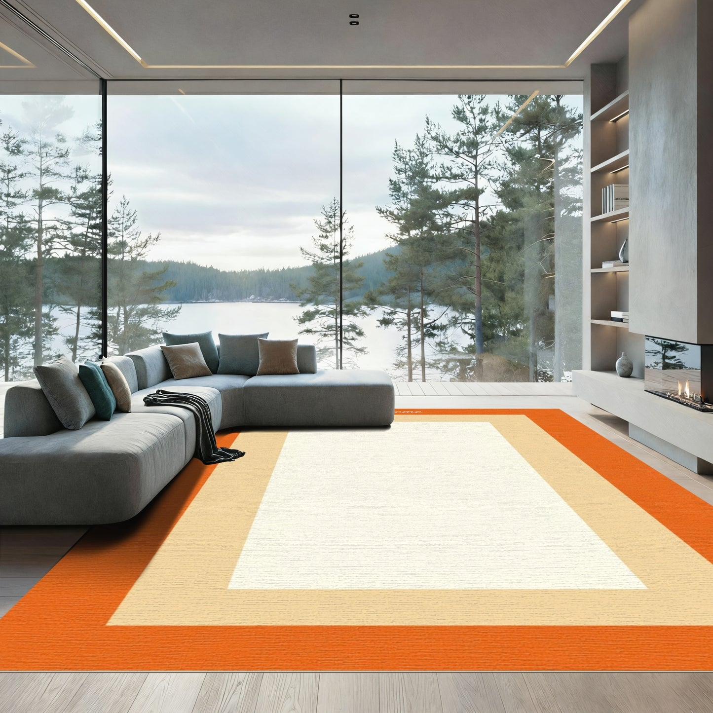 Warm Orange Cream Bordered Field Rug