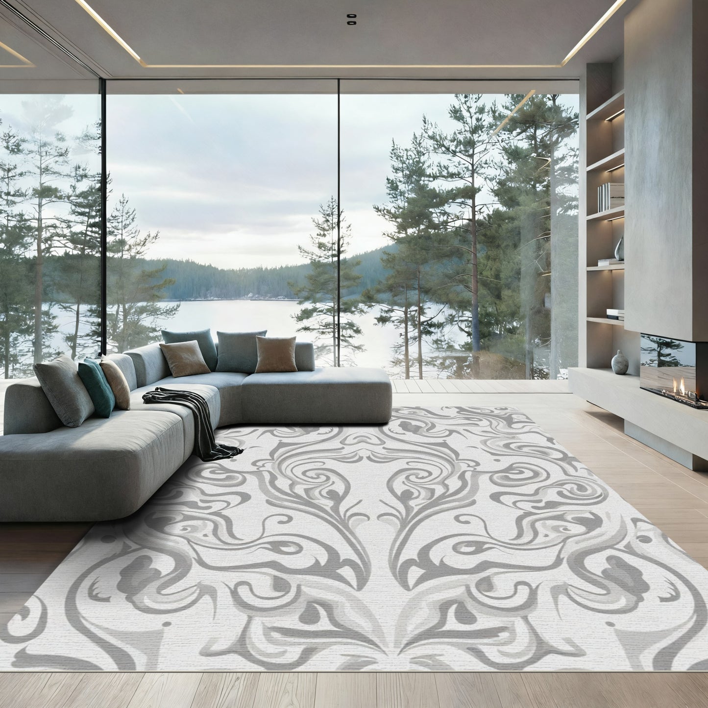 Elegant Gray Swirl Curlicue Ornament Rug
