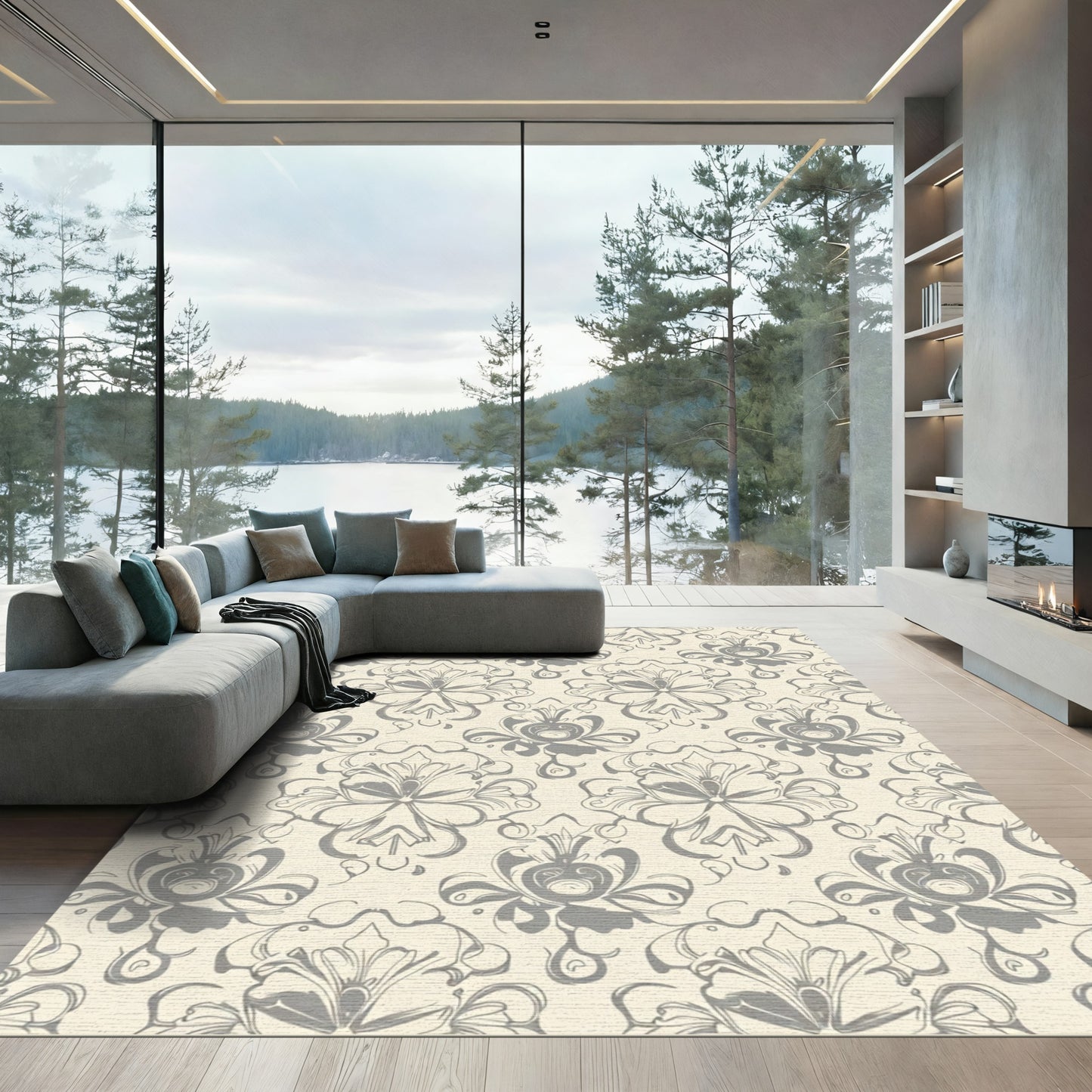 Cream Gray Baroque Floral Scroll Rug