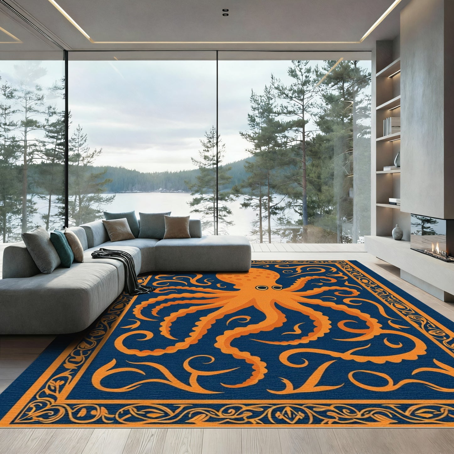 Orange Octopus Blue Swirl Border Rug