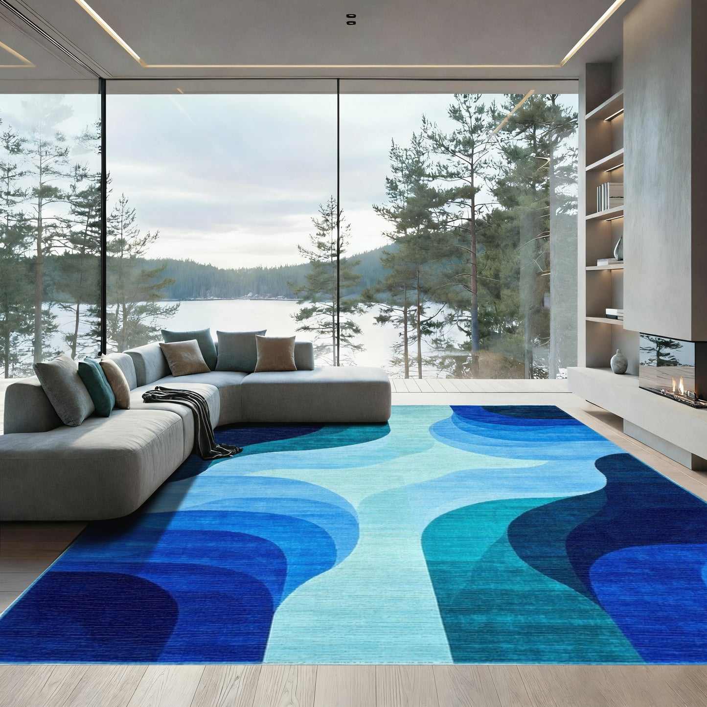 Teal Blue Abstract Wave Rug