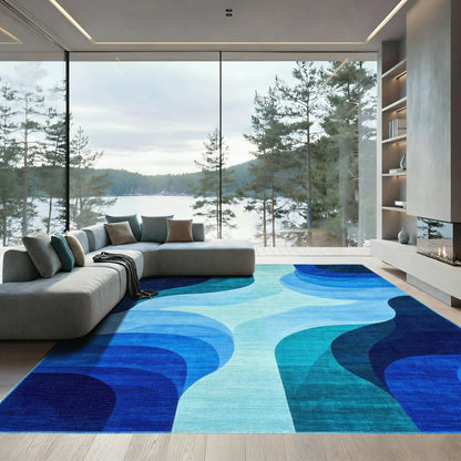 Teal Blue Abstract Wave Rug