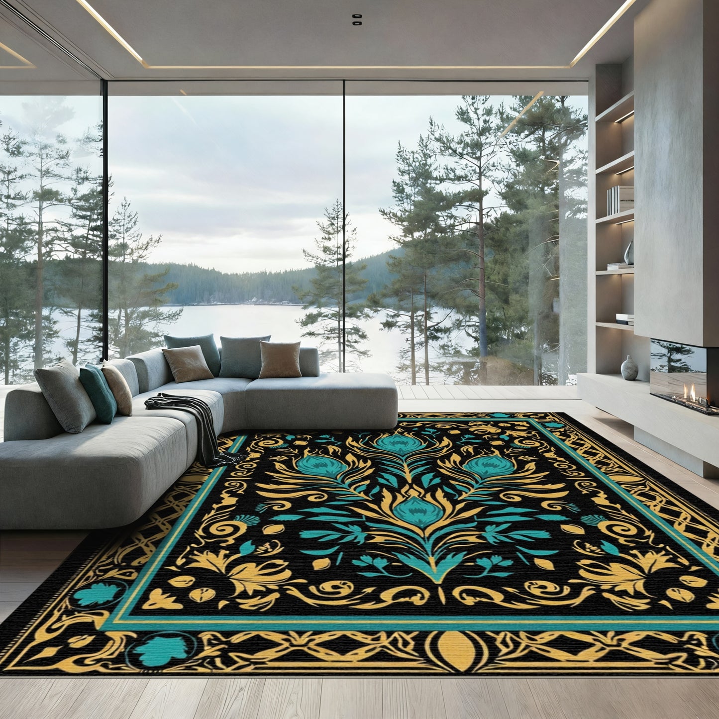 Turquoise Gold Floral Symmetry Rug
