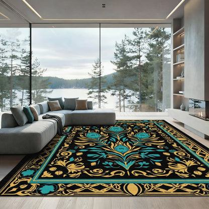 Turquoise Gold Floral Symmetry Rug