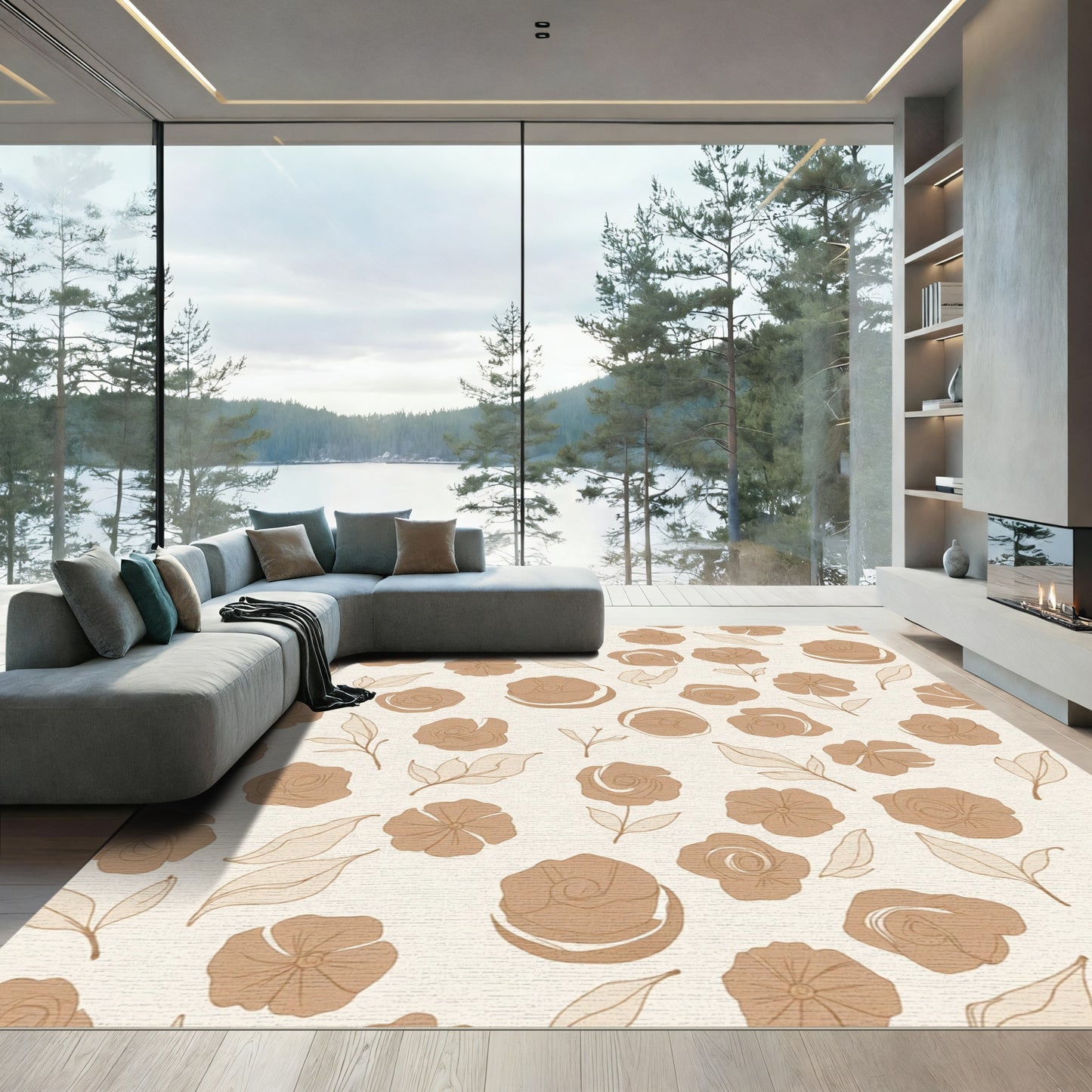 Warm Beige Outline Floral Scatter Rug