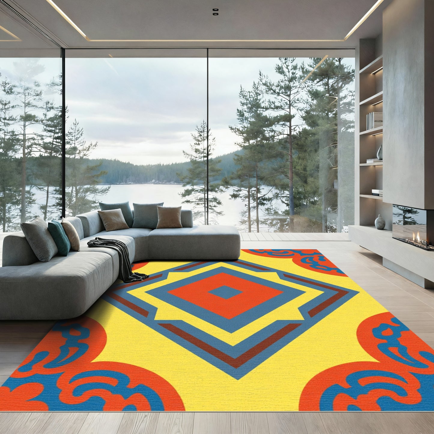 Vibrant Yellow Red Blue Geometric Diamond Rug