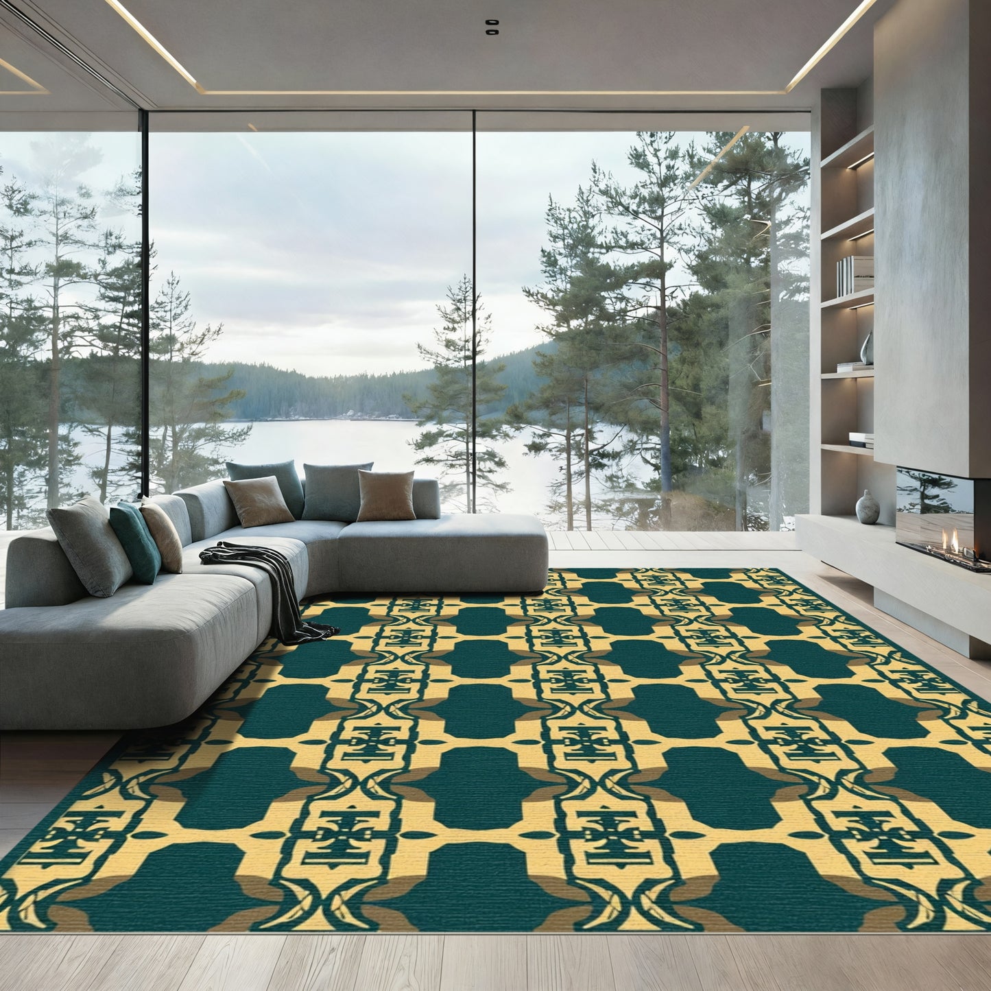 Gold Teal Art Deco Geometric Repeat Rug