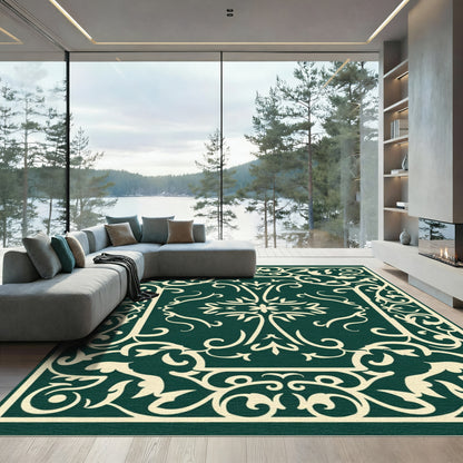 Emerald Ivory Floral Scroll Border Rug