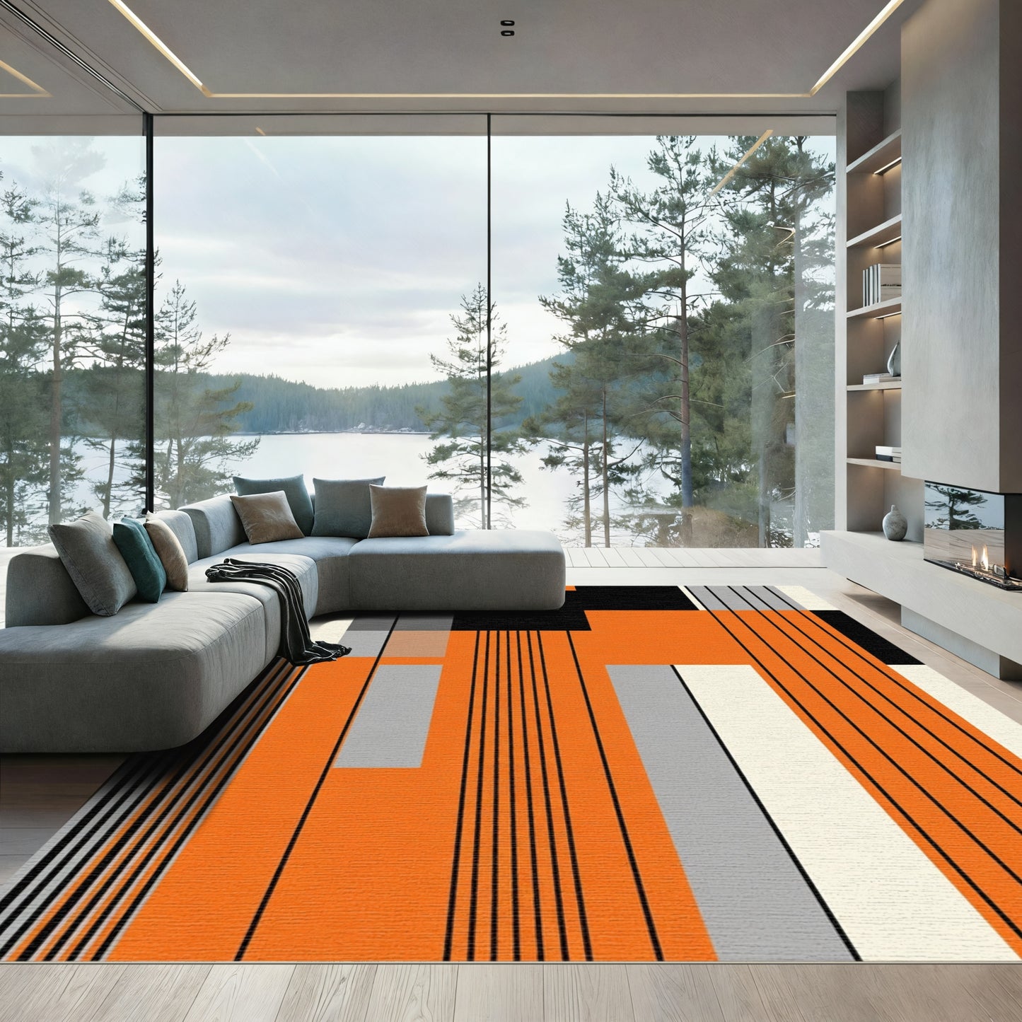 Orange Black Geometric Blocks Stripes Rug