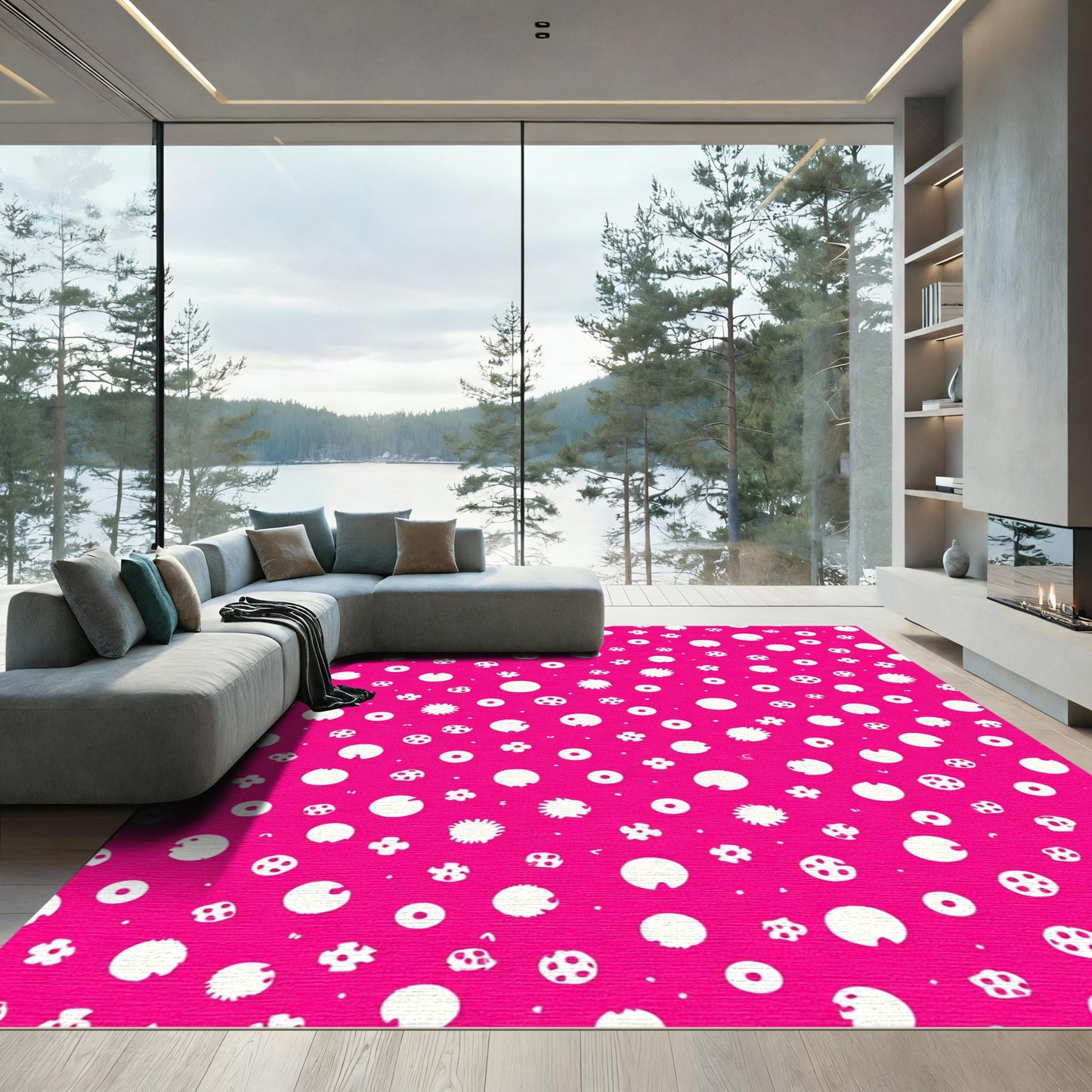 Bright Pink White Scattered Doodles Rug