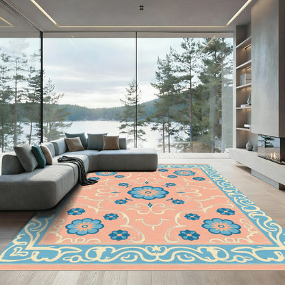 Coral Blue Floral Scroll Medallion Rug