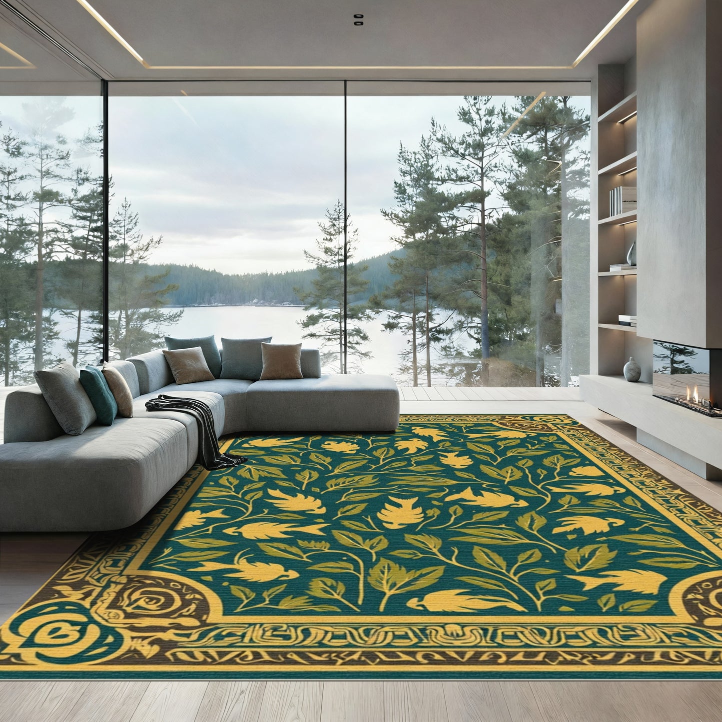 Teal Golden Bird Foliage Border Rug