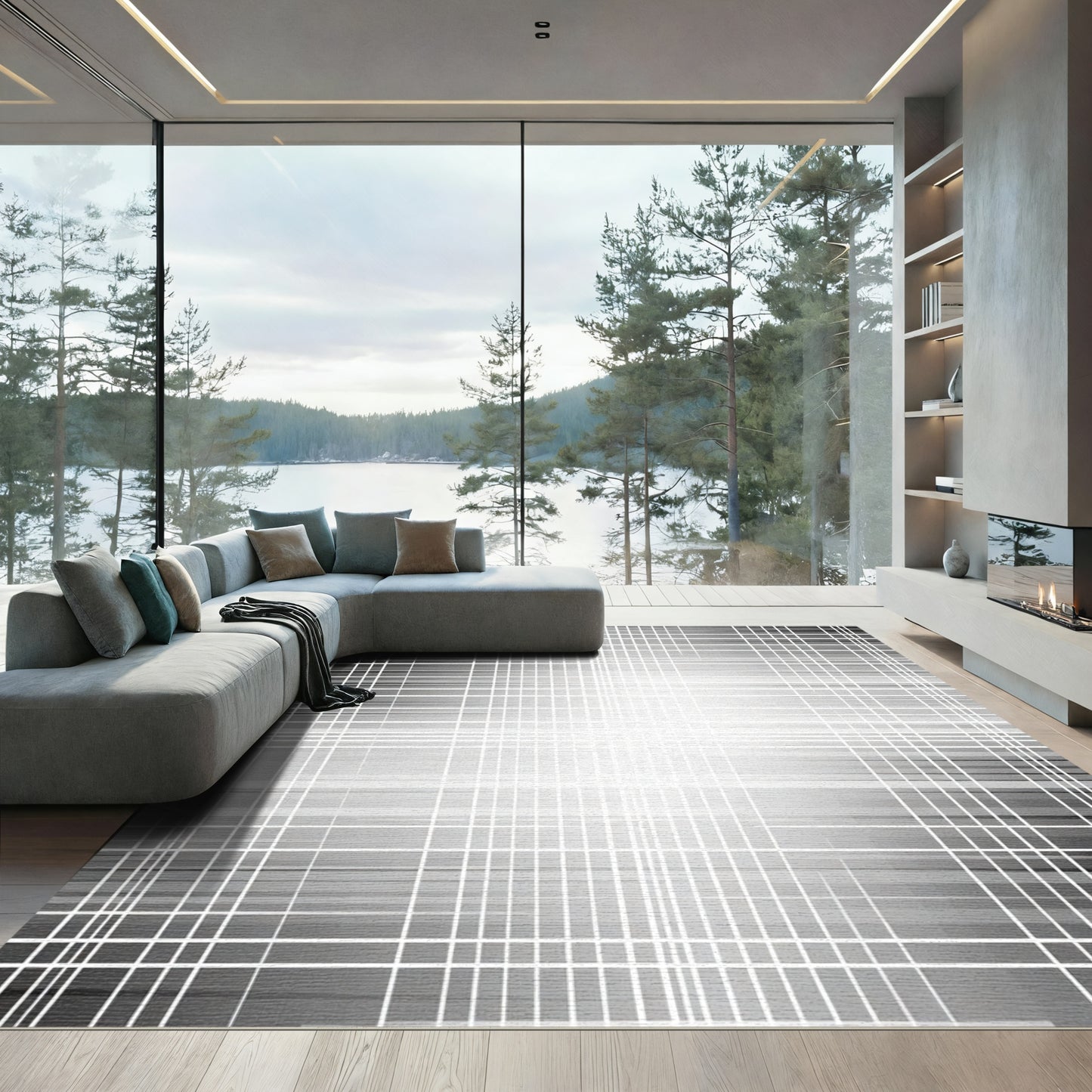 Monochromatic Grid Stripe Abstract Rug