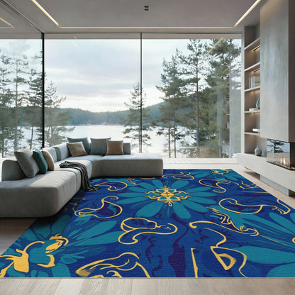 Deep Blue Golden Swirl Floral Rug
