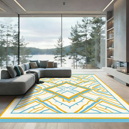 Cerulean and Ochre Geometric Symmetry Rug
