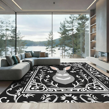Whimsical Gray Bunny Floral Border Rug