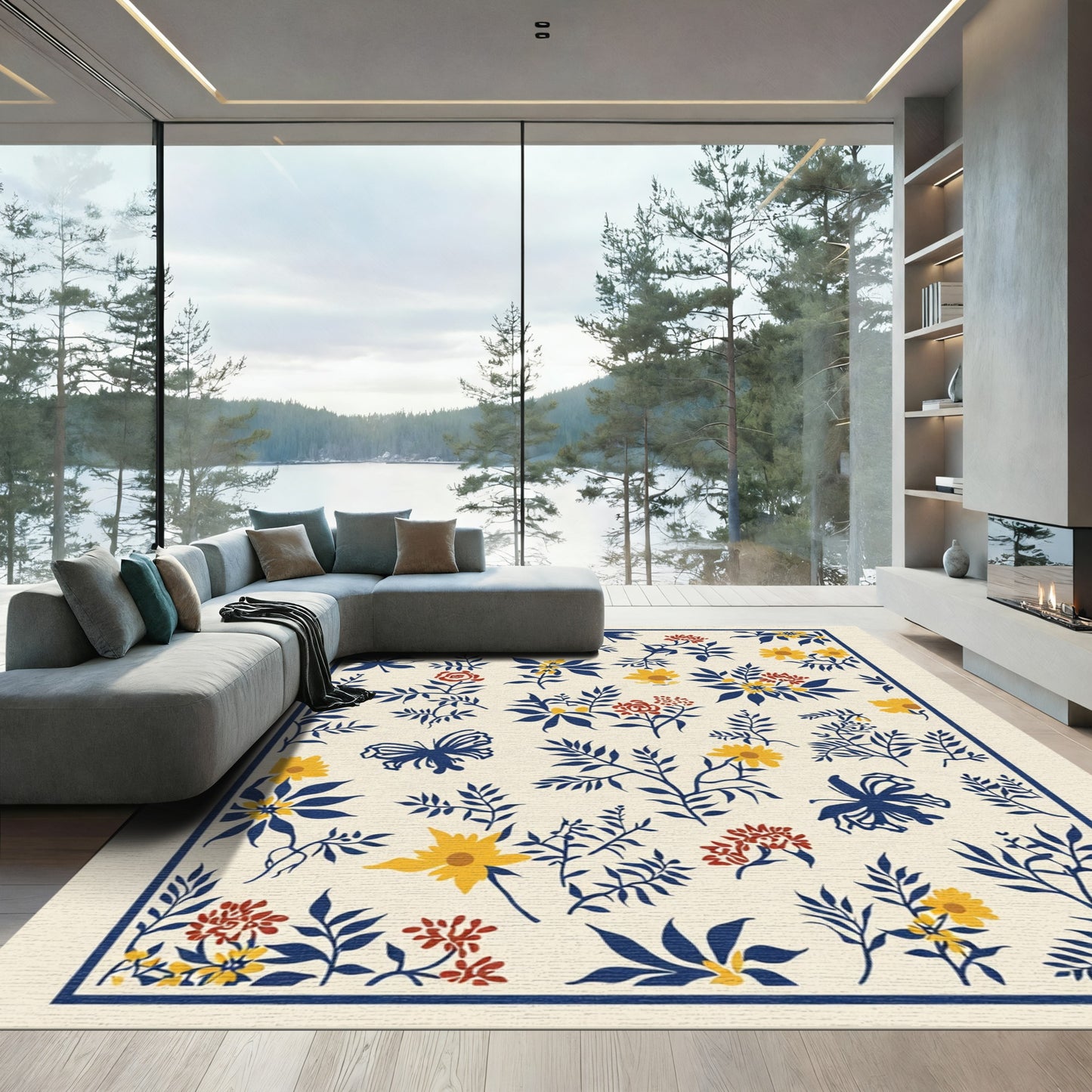 Navy Blue Floral Butterfly Composition Rug
