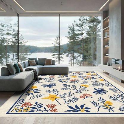 Navy Blue Floral Butterfly Composition Rug