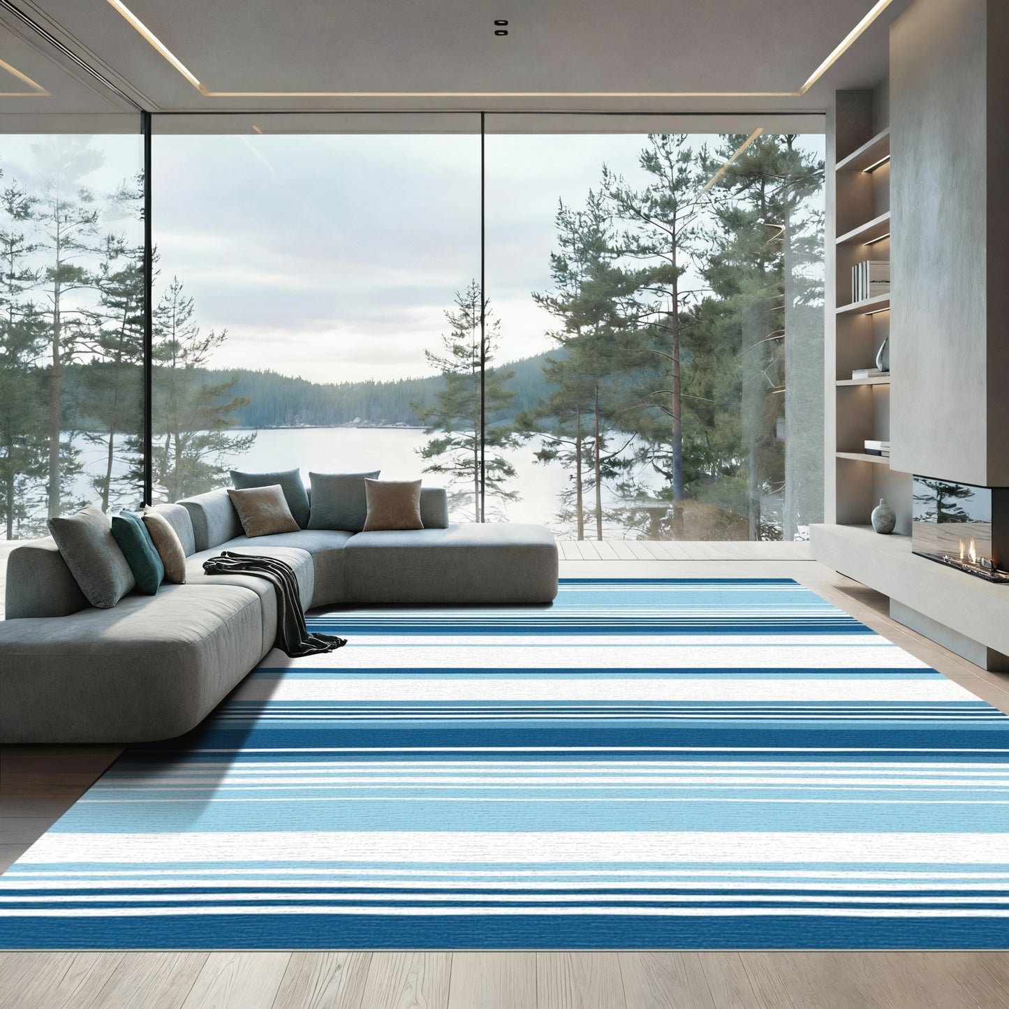 Coastal Blue Stripe Abstract Rug