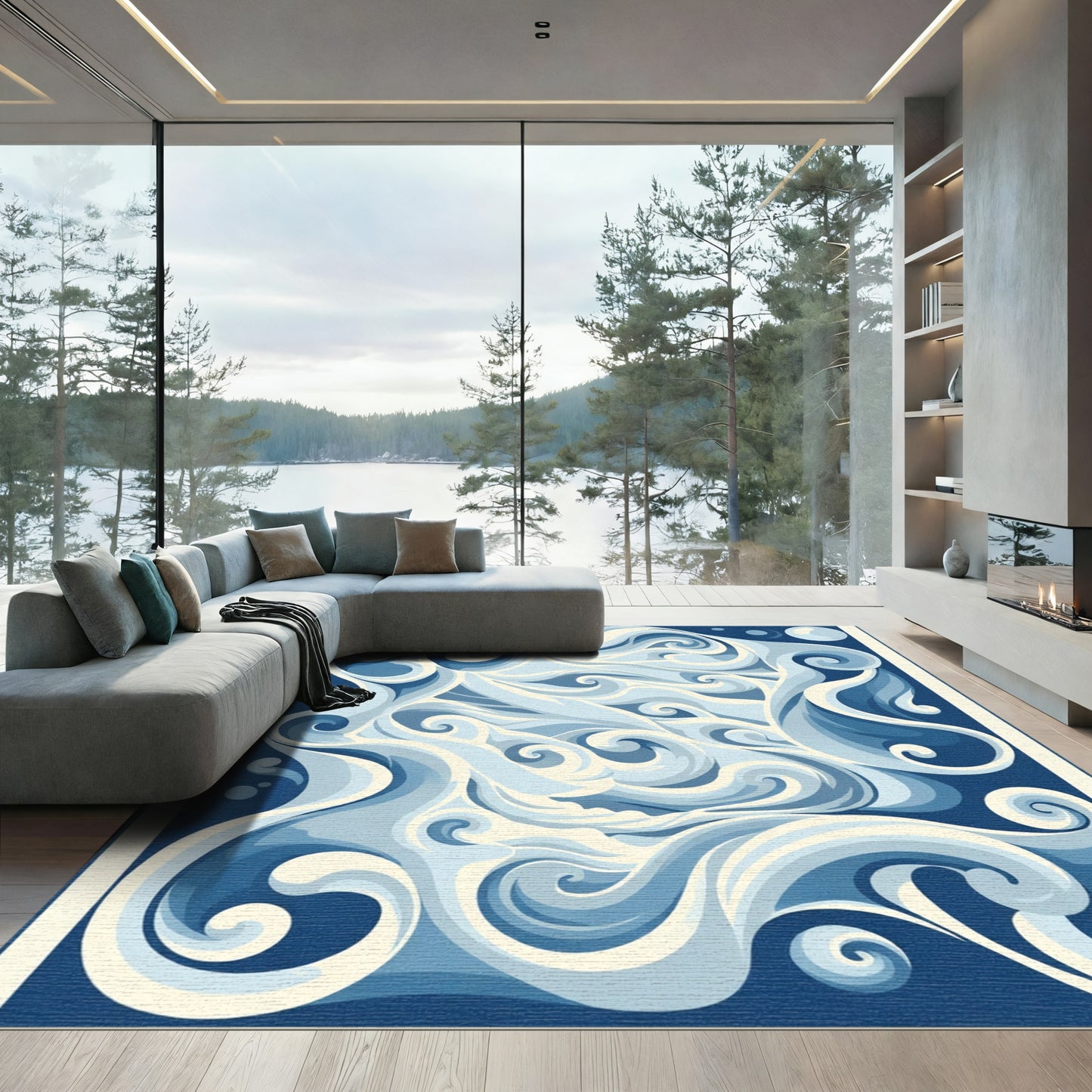 Vibrant Blue White Swirling Ocean Rug
