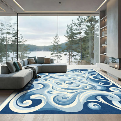 Vibrant Blue White Swirling Ocean Rug