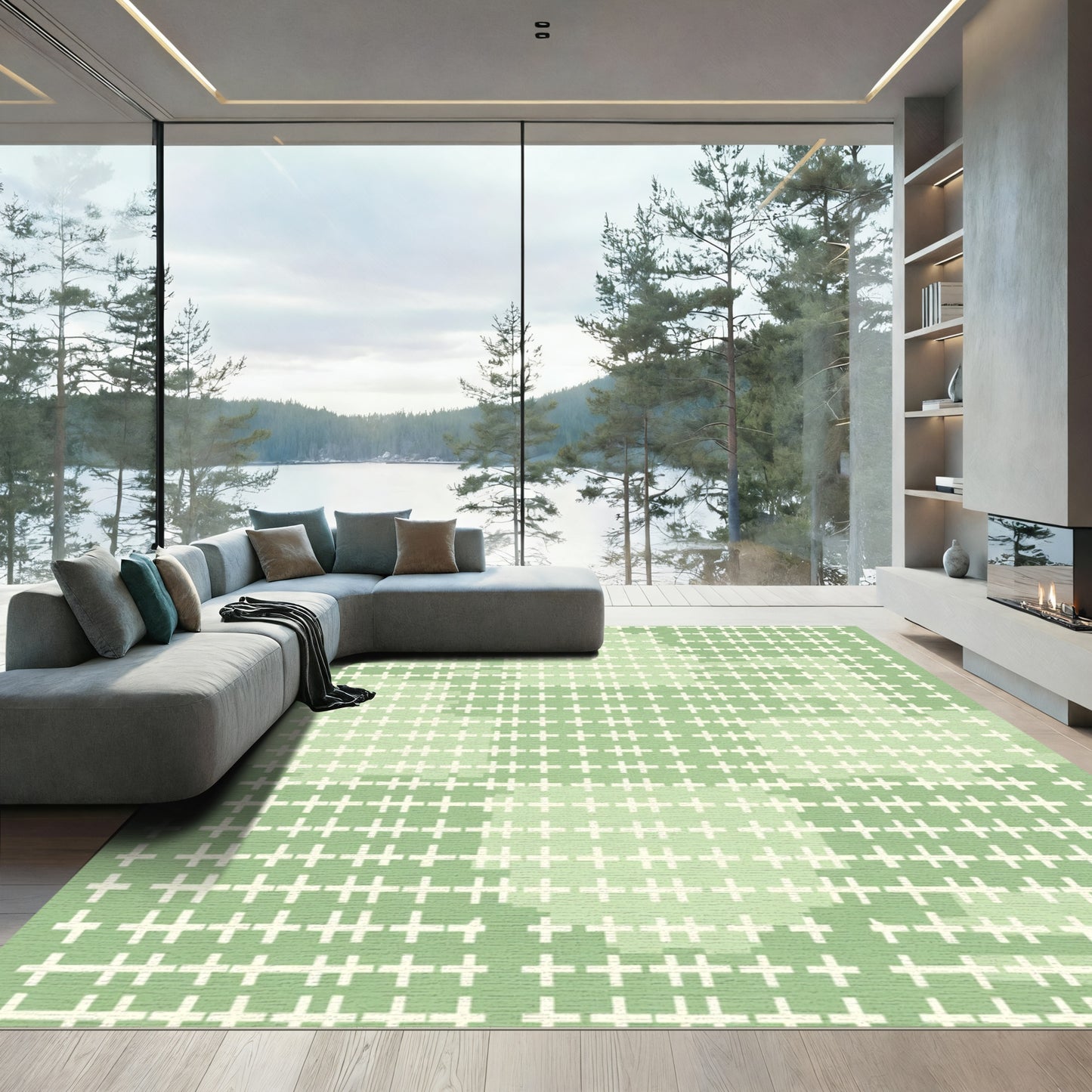 Subtle Pale Green Cross Grid Rug