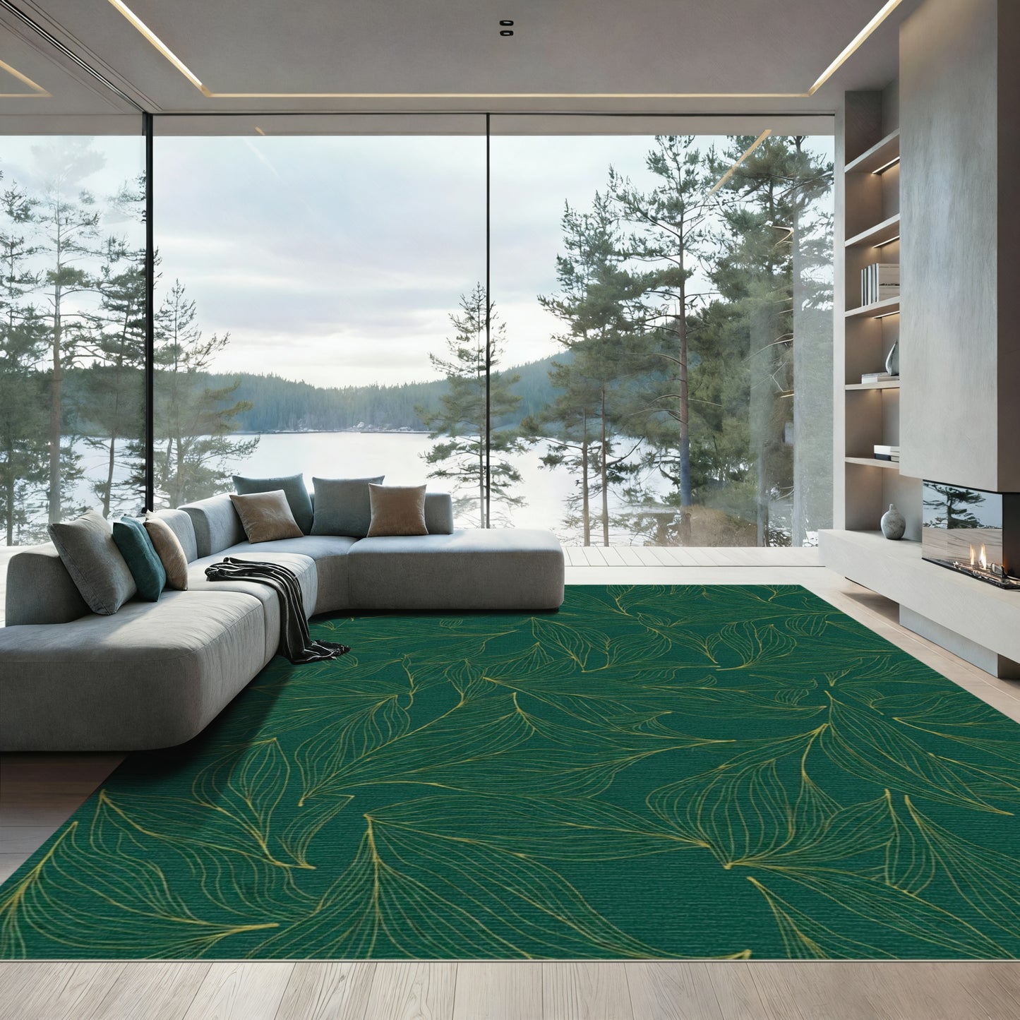 Deep Emerald Gold Outline Leafy Rug