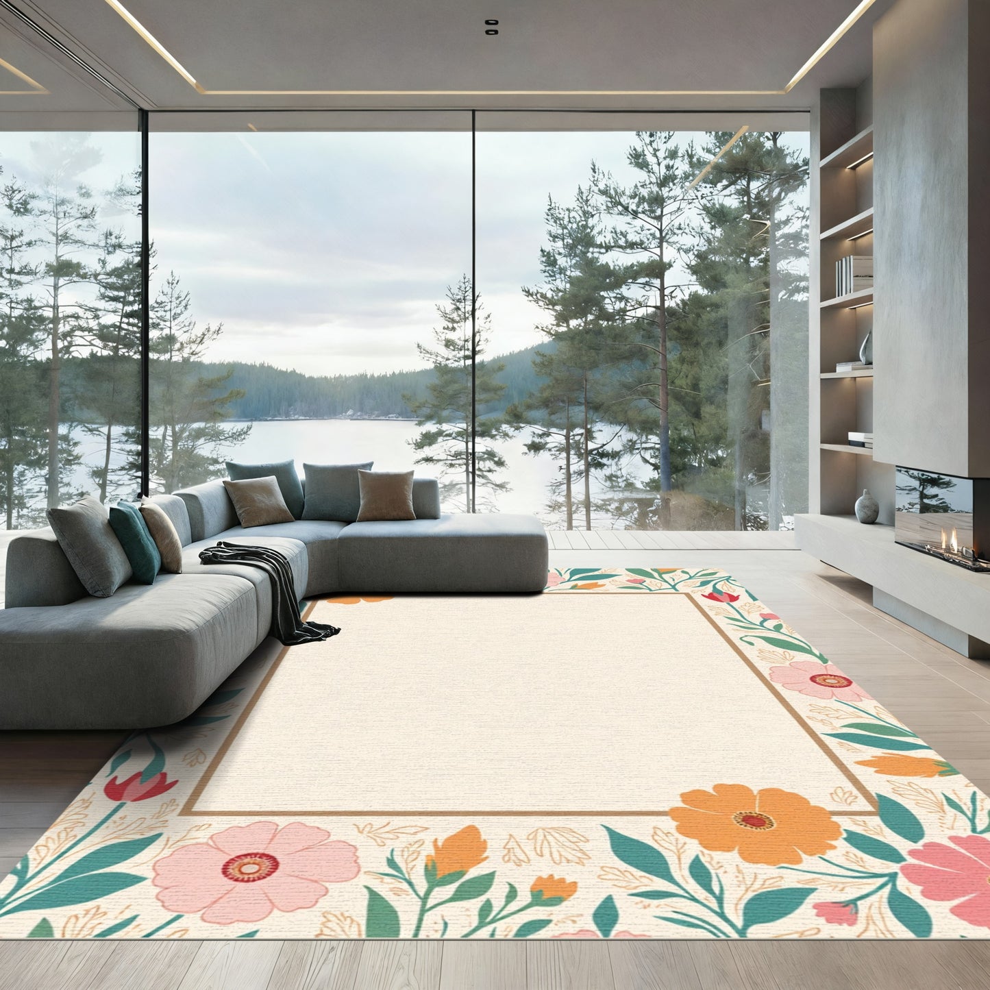 Pastel Floral Border with Golden Accents Rug