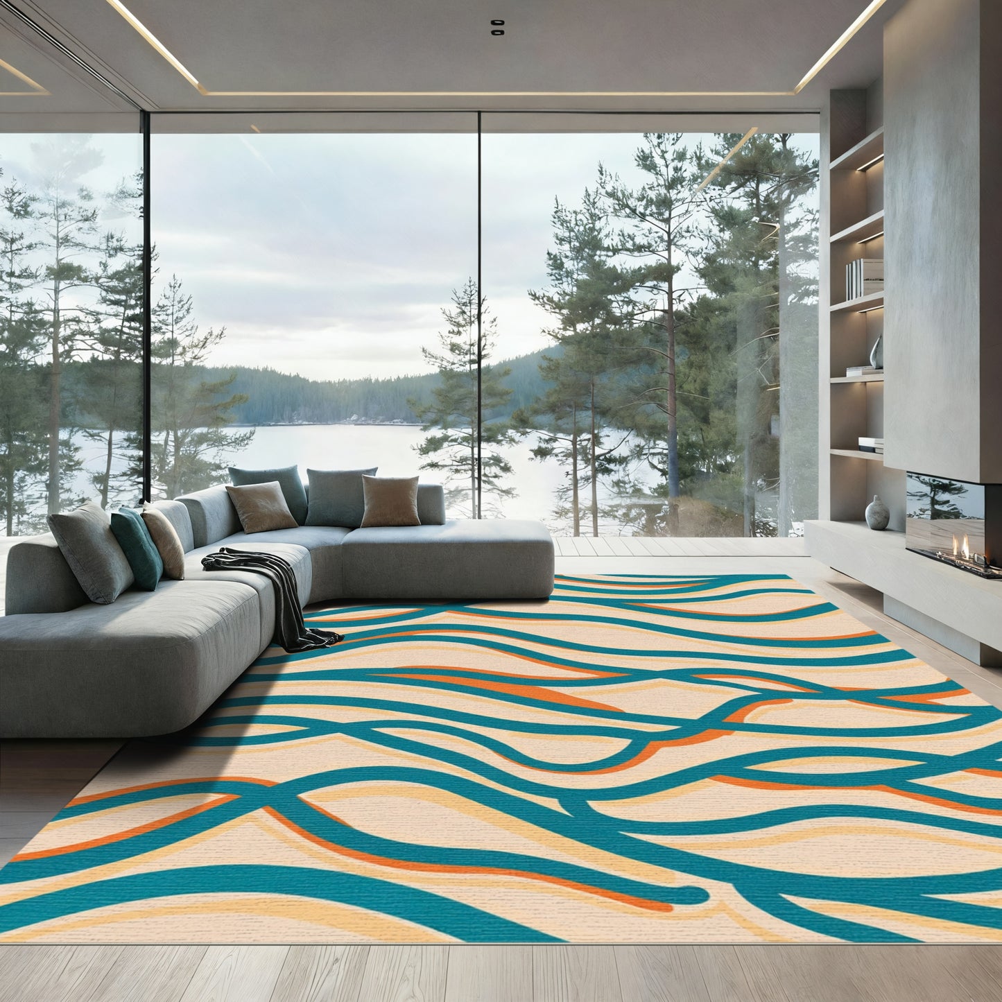 Teal Orange Cream Wavy Stripe Rug