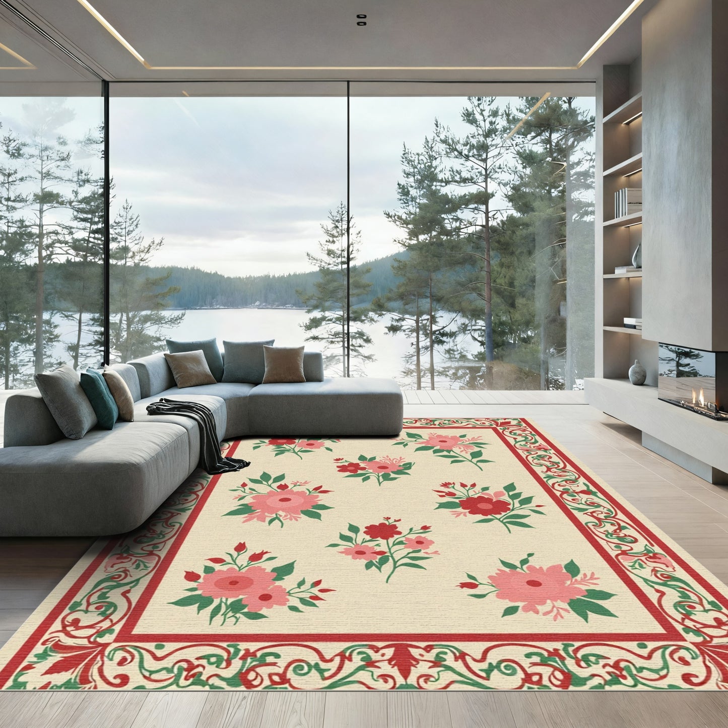 Crimson Floral Border with Pink and Red Blooms Rug